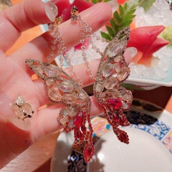 18K Platinum Plated Red Zircon Butterfly Gradient Dangle Earrings