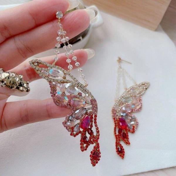 18K Platinum Plated Red Zircon Butterfly Gradient Dangle Earrings