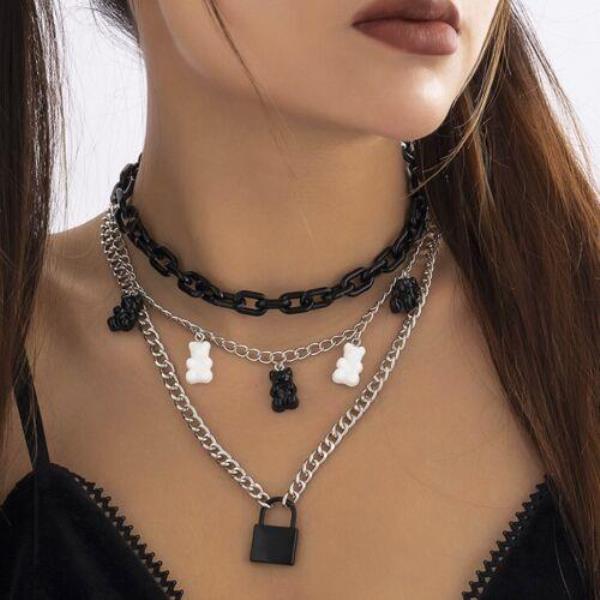 Chic Punk Black Multi Layer Bear Acrylic Necklace