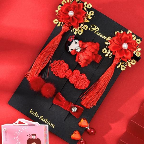 8 Pcs New Year Kids Red Hair Dress Set