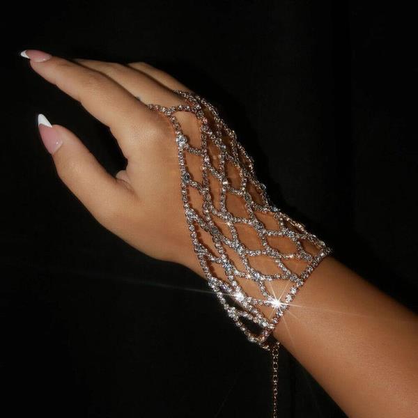 Glitter Rhinestone Net Woven Ring Hand Bracelet 