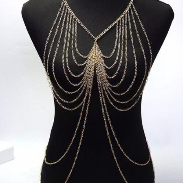 Gold Metal Crossbody Tassel Necklace Body Chain