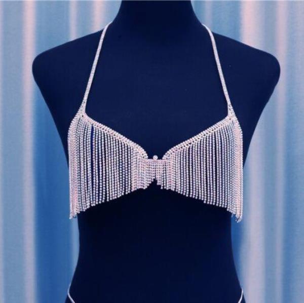 Silver Glitter Rhinestone Chest Multi Tassel Body Chain