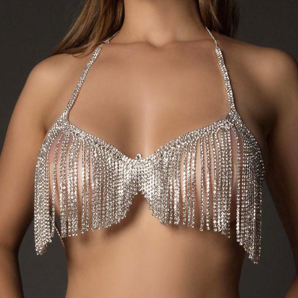 Silver Glitter Rhinestone Chest Multi Tassel Body Chain