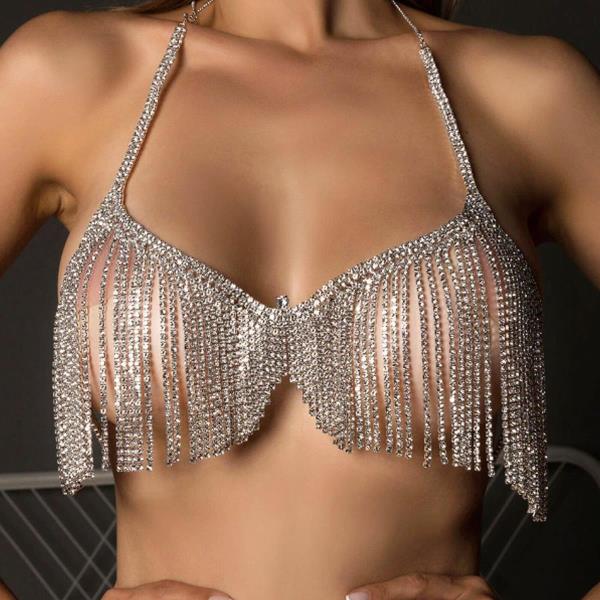 Silver Glitter Rhinestone Chest Multi Tassel Body Chain