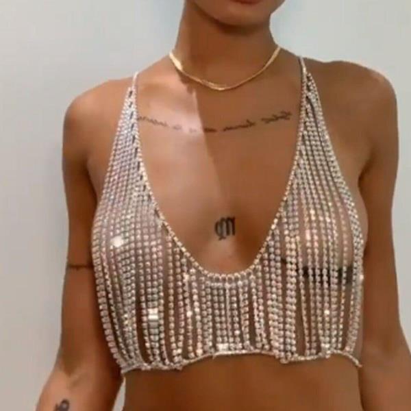 Silver Shining Tassel Necklace Chest Body Chain