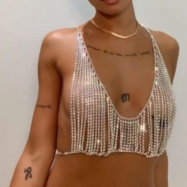 Silver Shining Tassel Necklace Chest Body Chain