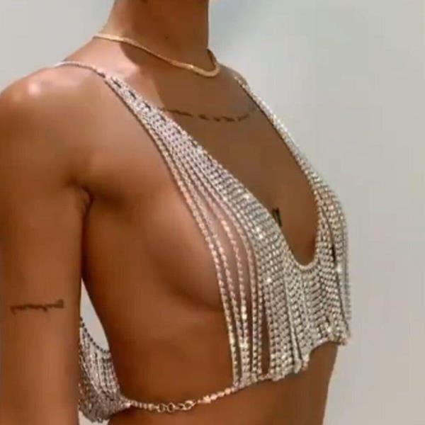 Silver Shining Tassel Necklace Chest Body Chain