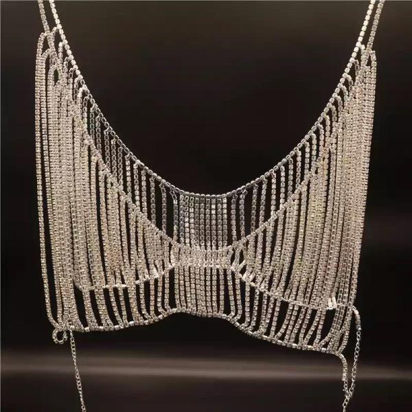 Silver Shining Tassel Necklace Chest Body Chain