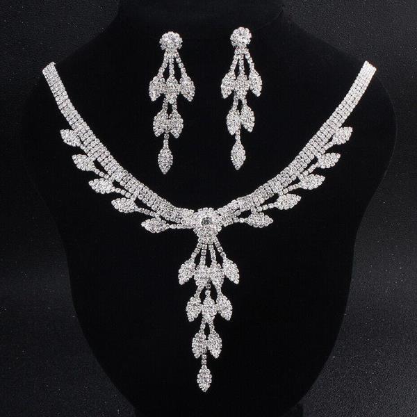 Glitter Silver Rhinestone Wedding Leaf Dangle Earrings Necklace Set