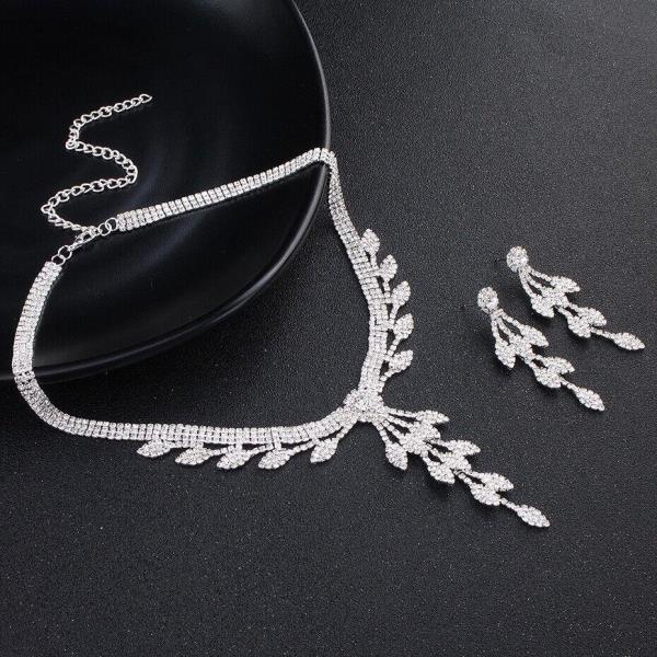 Glitter Silver Rhinestone Wedding Leaf Dangle Earrings Necklace Set