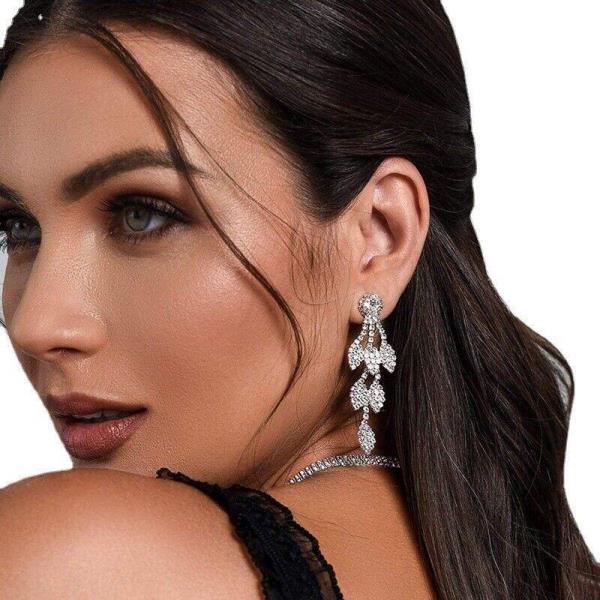 Glitter Silver Rhinestone Wedding Leaf Dangle Earrings Necklace Set