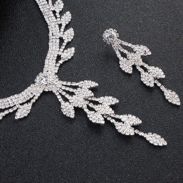 Glitter Silver Rhinestone Wedding Leaf Dangle Earrings Necklace Set