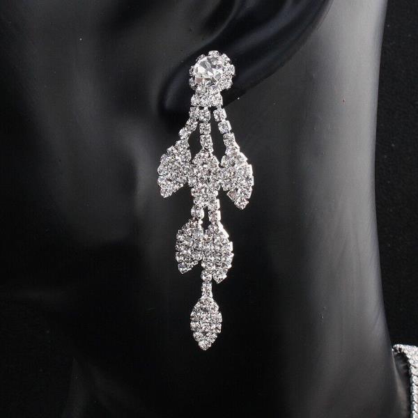 Glitter Silver Rhinestone Wedding Leaf Dangle Earrings Necklace Set