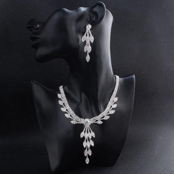 Glitter Silver Rhinestone Wedding Leaf Dangle Earrings Necklace Set