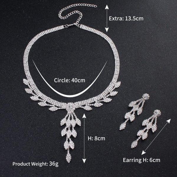 Glitter Silver Rhinestone Wedding Leaf Dangle Earrings Necklace Set