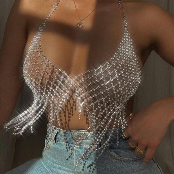 Rhinestone Tassel Chest Body Chain