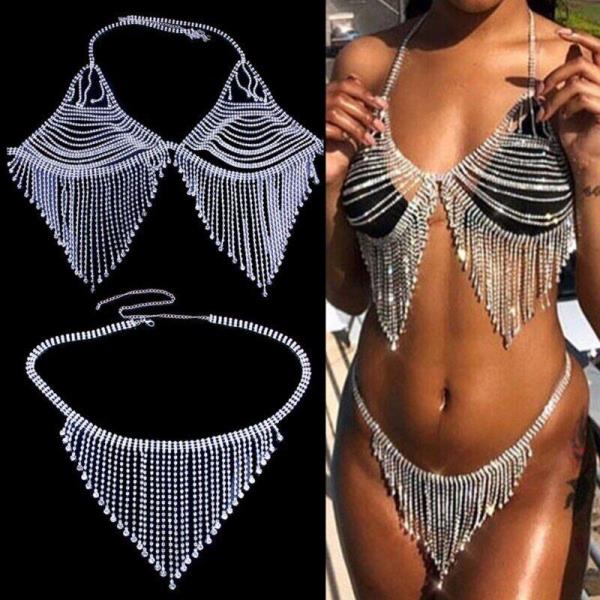 Rhinestone Tassel Bra Undie Body Chain Set