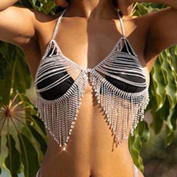 Rhinestone Tassel Bra Undie Body Chain Set