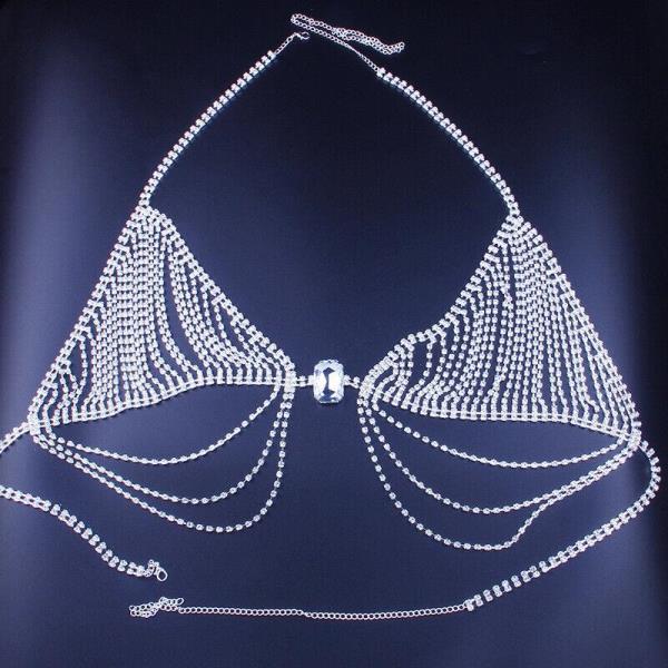 Rectangle Gem Tassel Bra Chest Body Chain 