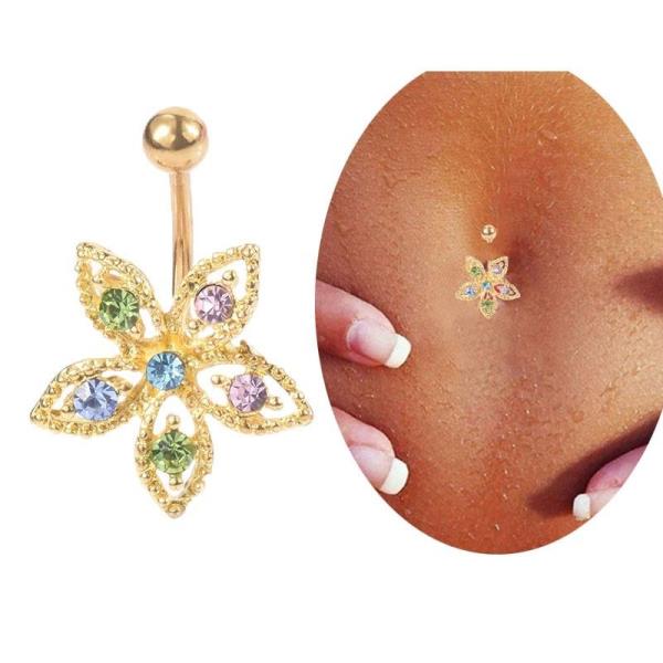 Gold Multicolour Flower Belly Button Body Jewellery