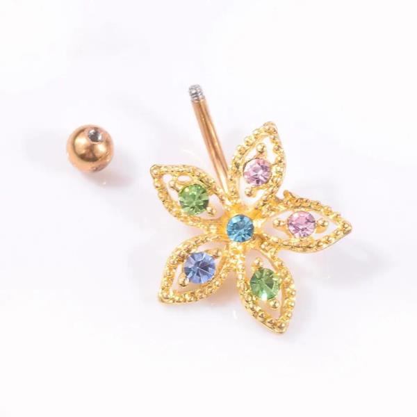 Gold Multicolour Flower Belly Button Body Jewellery