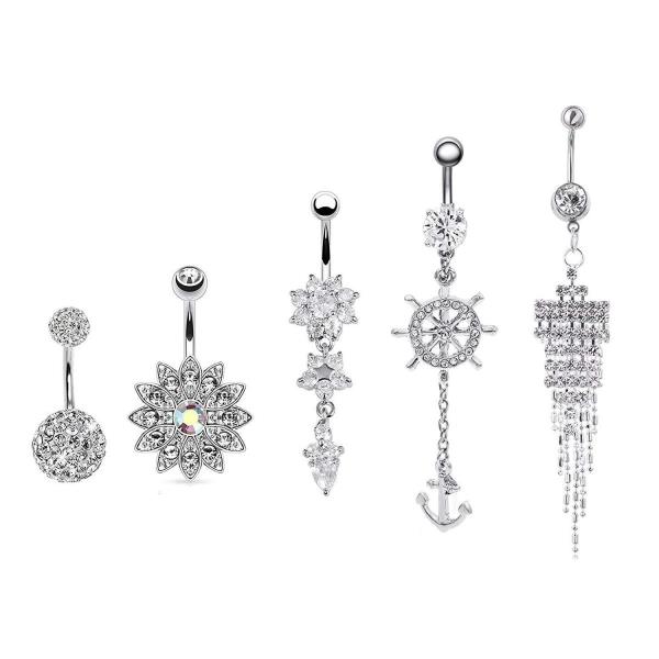 5 Flower Crystal Stainless Steel Belly Buttons