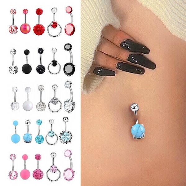 5 Pcs Crystal Stainless Steel Piercing Bar Belly Buttons