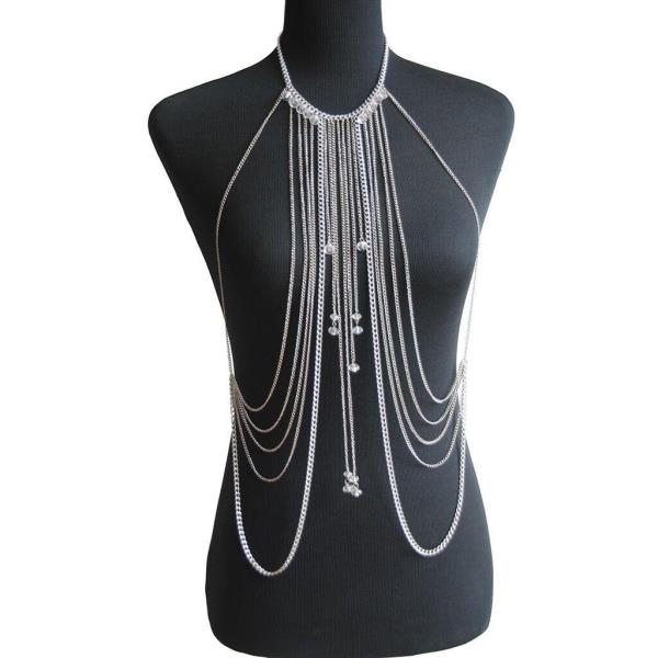 Silver Multi Tassel Necklace Chest Bikini Body Chain