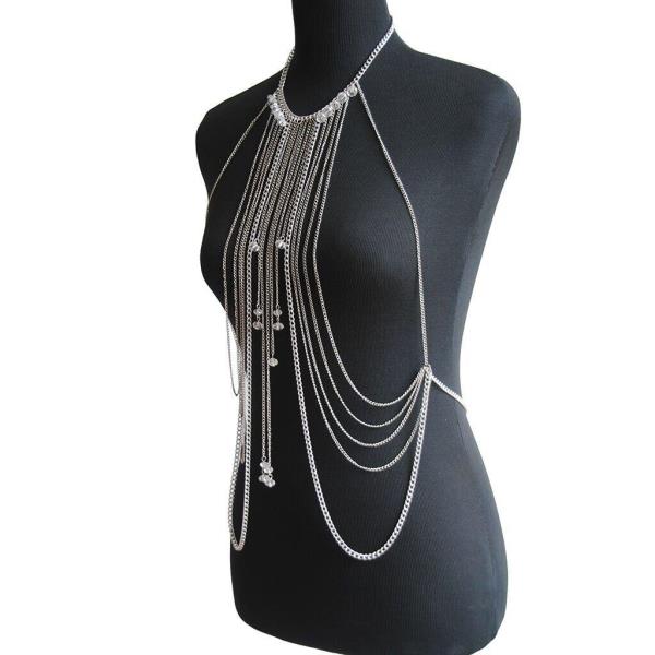 Silver Multi Tassel Necklace Chest Bikini Body Chain