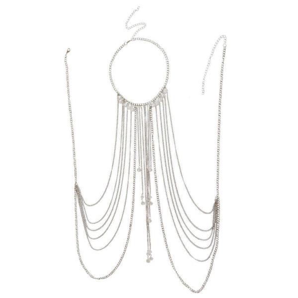 Silver Multi Tassel Necklace Chest Bikini Body Chain