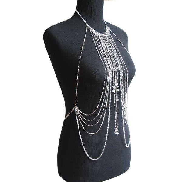 Silver Multi Tassel Necklace Chest Bikini Body Chain