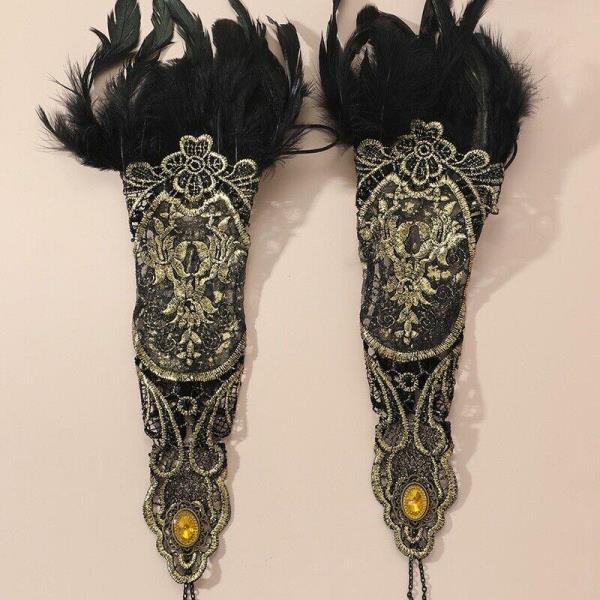 Baroque Black Flora Feather Gold Lace Costume Glove