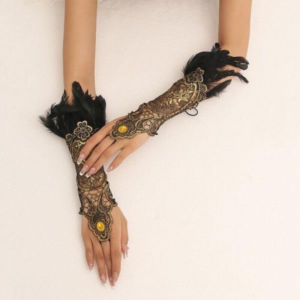 Baroque Black Flora Feather Gold Lace Costume Glove