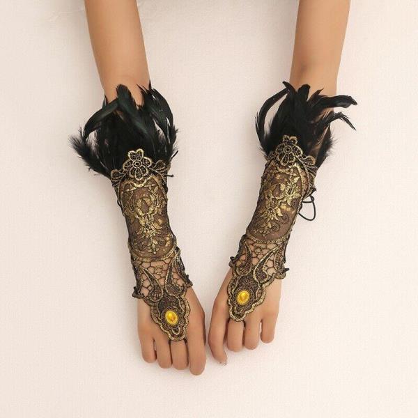 Baroque Black Flora Feather Gold Lace Costume Glove