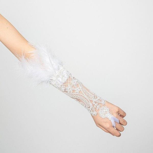 White Flora Feather Wedding Party Lace Costume Gloves