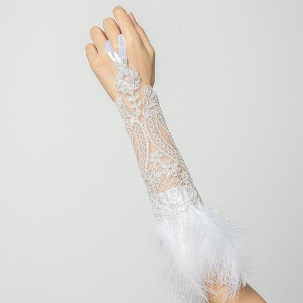 White Flora Feather Wedding Party Lace Costume Gloves