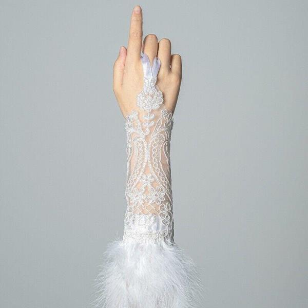 White Flora Feather Wedding Party Lace Costume Gloves