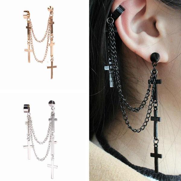 Punk Chain Clip Pendant Piercing Tassel Cross Hoop Earring