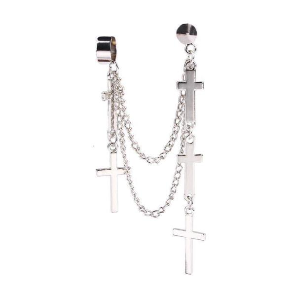 Punk Chain Clip Pendant Piercing Tassel Cross Hoop Earring