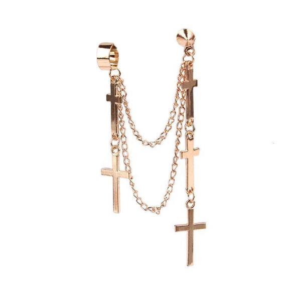 Punk Chain Clip Pendant Piercing Tassel Cross Hoop Earring