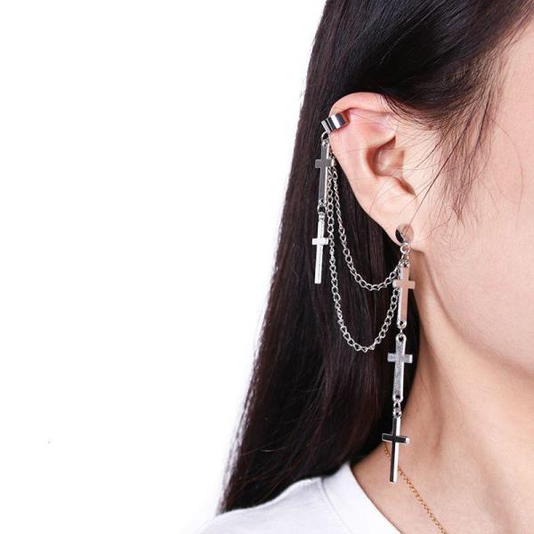 Punk Chain Clip Pendant Piercing Tassel Cross Hoop Earring