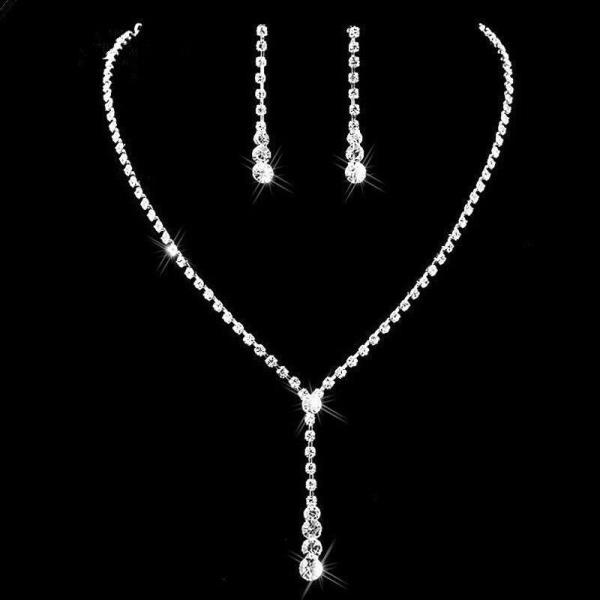 2 Pc Shiny Silver Rhinestone Earrings Necklace Jewellery Set