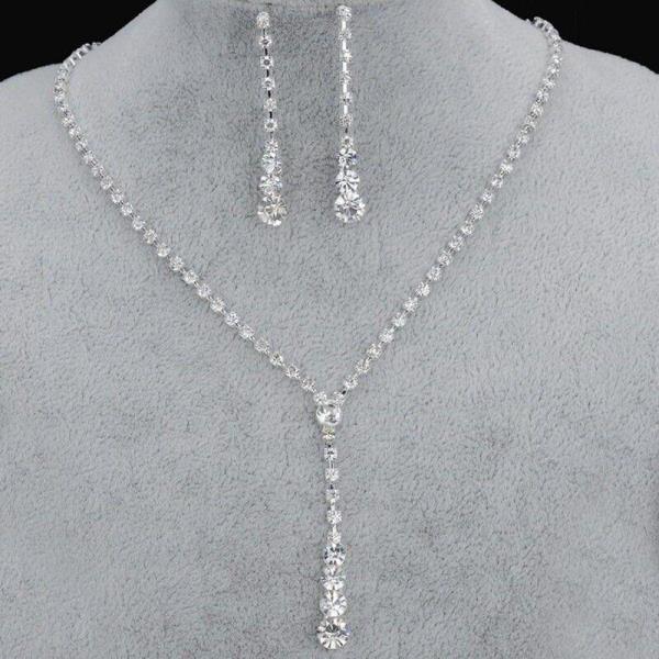 2 Pc Shiny Silver Rhinestone Earrings Necklace Jewellery Set