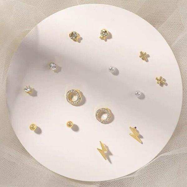 7 Pairs Imitation Pearl Crystal Flower Studs Set