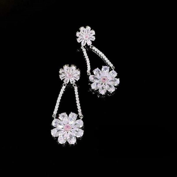 18K Platinum Plated Zircon Flower Pendant Earrings