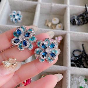 18K Platinum Plated Blue Zircon 3D Oil Painting Flower Studs