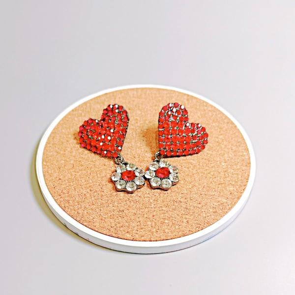 Red Rhinestone Heart Love Long Drop Pendant Hoop Earrings