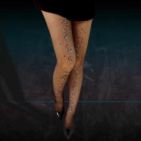 Elastic Multi Crystal Black Fishnet Net Mesh Pantyhose