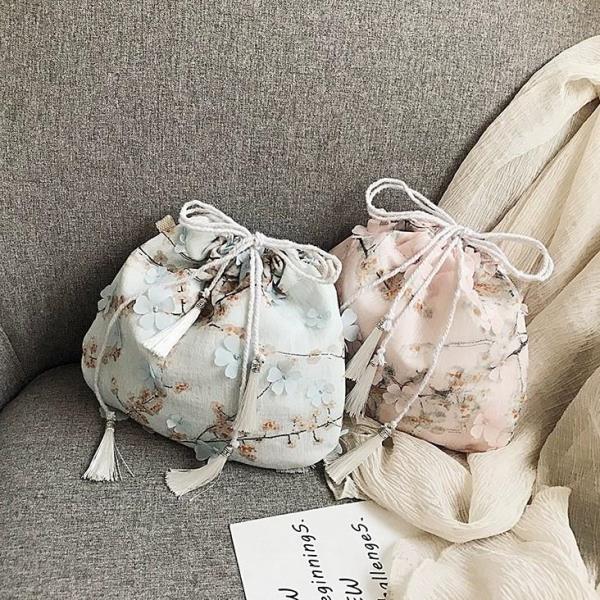 Chiffon Flower Bucket Drawstring Shoulder Bag